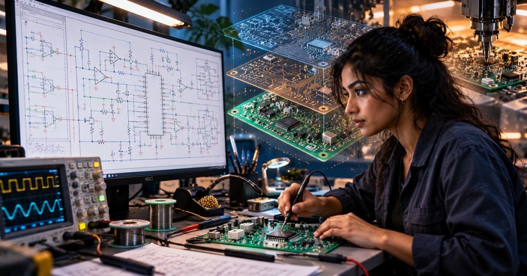 Editorial illustration of an electronics engineer studying circuit schematics on a monitor and testing a printed circuit board in a fabrication lab.
