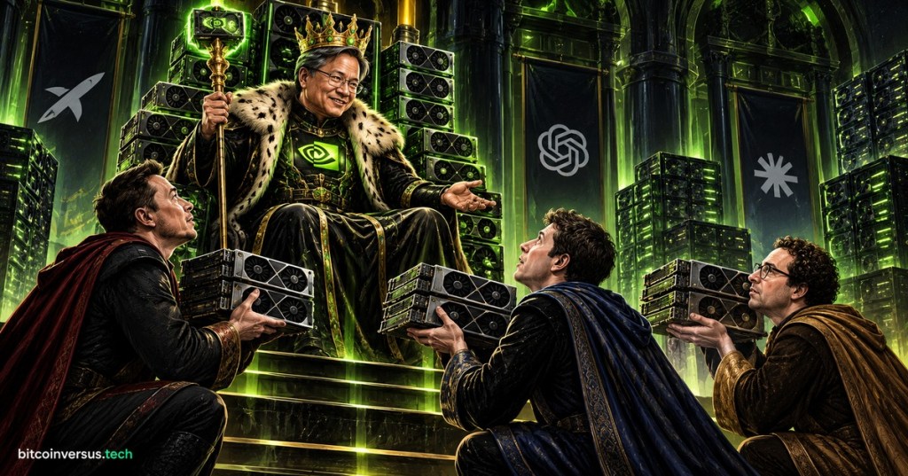 Satirical AI data center court with Jensen Huang as a GPU king and rival AI leaders seeking compute