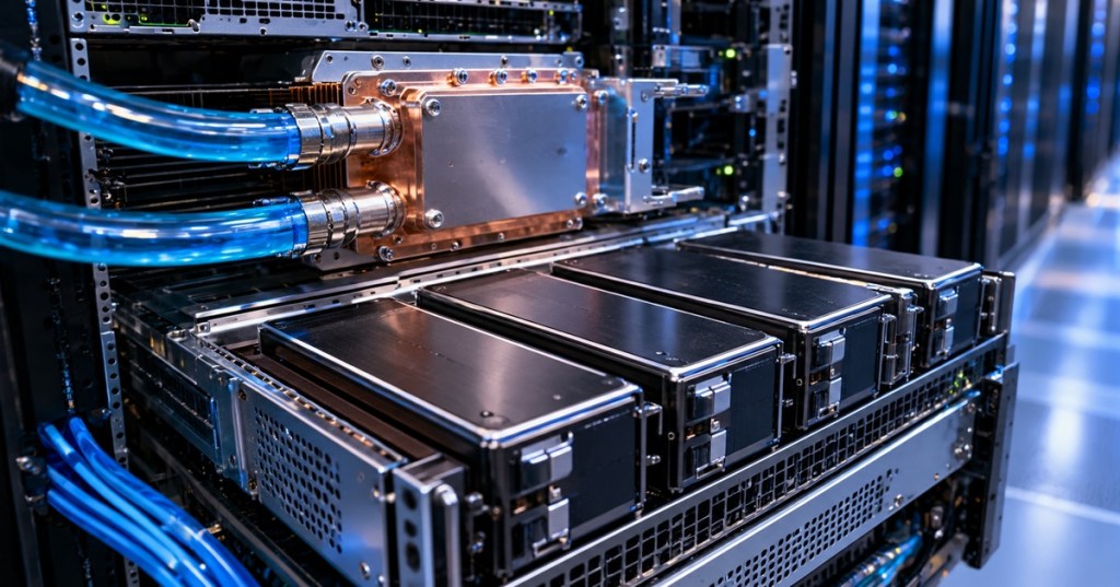 Liquid-cooled enterprise SSDs installed in a dense data center storage rack
