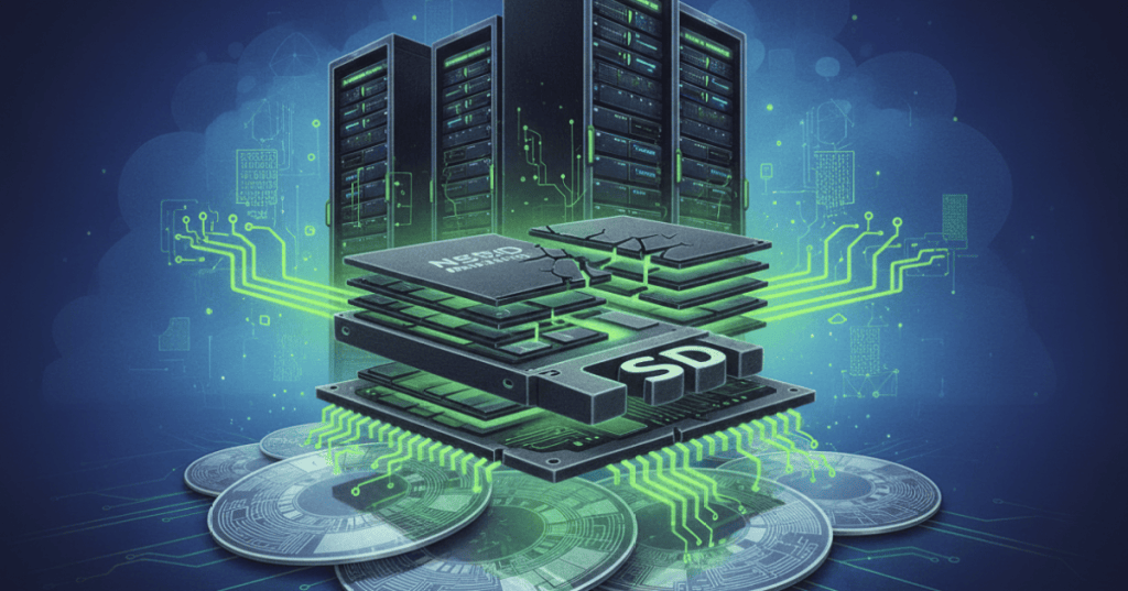 High-density enterprise SSDs and NAND flash inside a modern AI data center storage environment