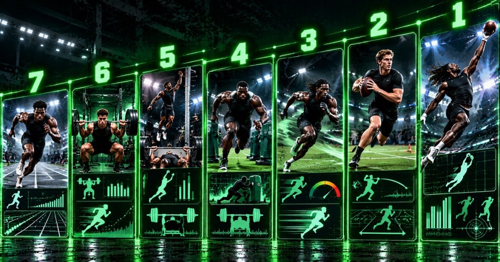 Neon-green seven-panel football athleticism ranking showing sprinting, strength work, jumping, quarterback movement and receiving explosiveness.