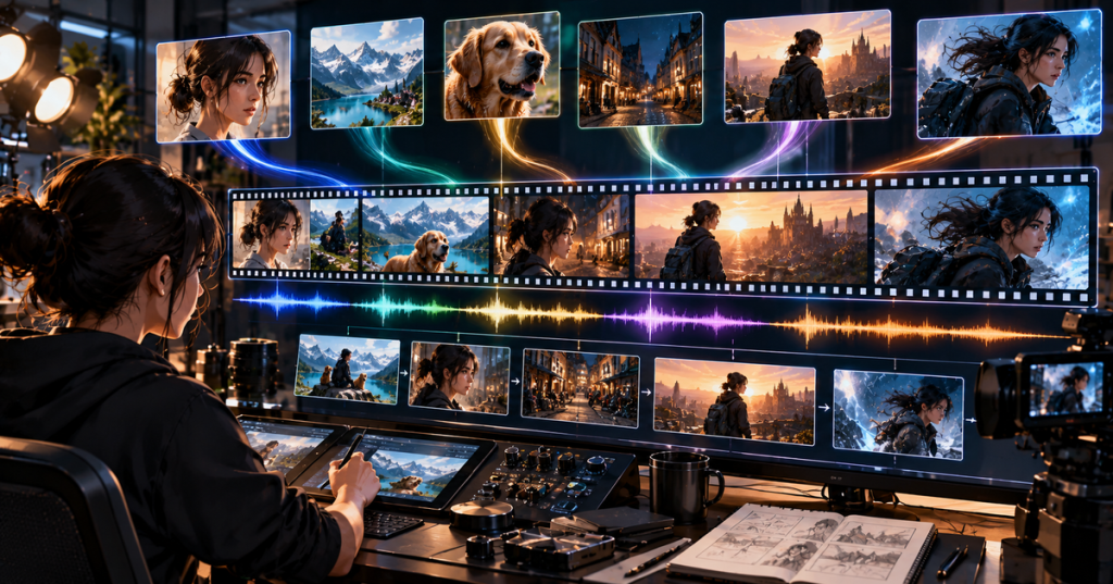 Wordless editorial illustration of an AI video creator directing a long cinematic sequence through reference frames, keyframes, and synchronized audio in a professional studio.