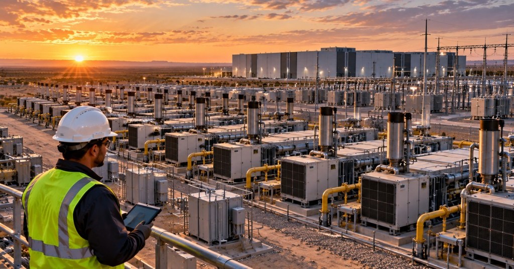 Original editorial illustration of a West Texas data center and field of natural-gas generation units at sunset with a hard-hat engineer.