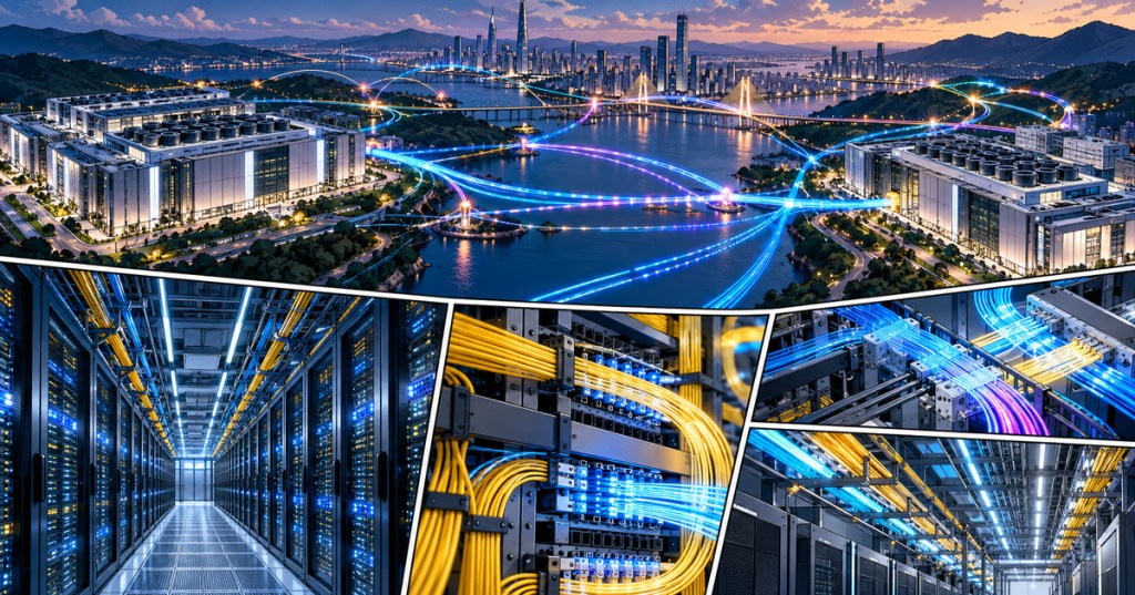 Wordless comic-style view of two AI data centers linked by high-capacity optical paths and fiber infrastructure.
