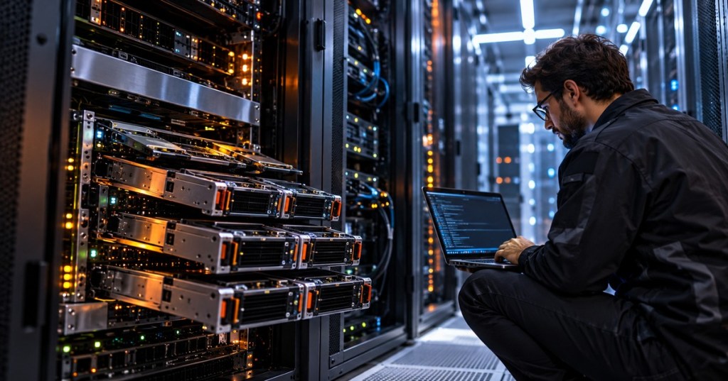 Data center technician working beside server racks while managing memory-intensive Kubernetes infrastructure from a laptop.