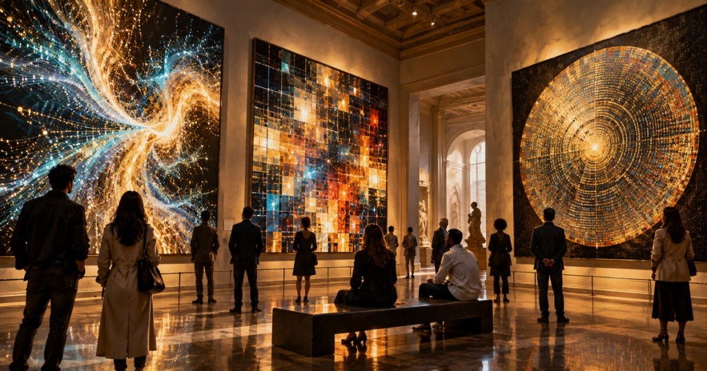 Original editorial illustration of museum visitors viewing three large luminous digital-art installations, including an abstract code-inspired circle