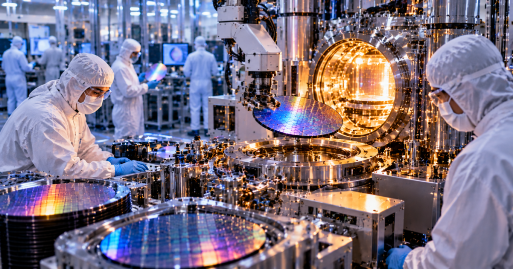 Wordless photorealistic conceptual semiconductor cleanroom with wafer processing chambers, technicians and robot handling a silicon wafer; illustrative, not a documented Lam facility