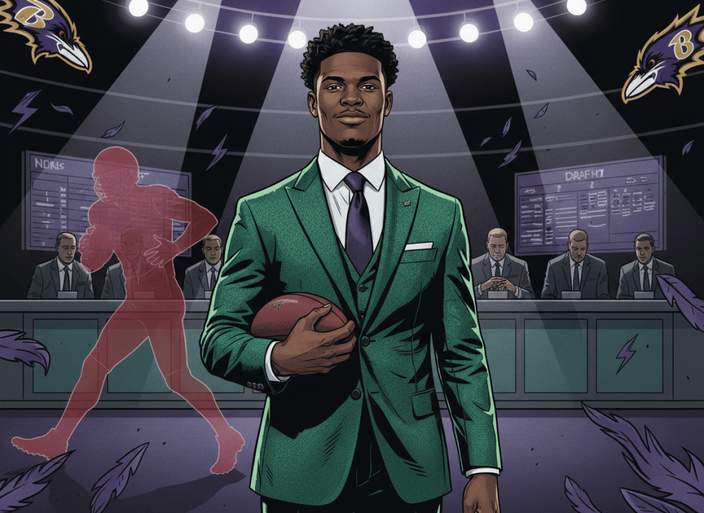 Editorial illustration of a Lamar Jackson-like quarterback at draft night facing skeptical football evaluators, with subtle Michael Vick-era visual echoes.