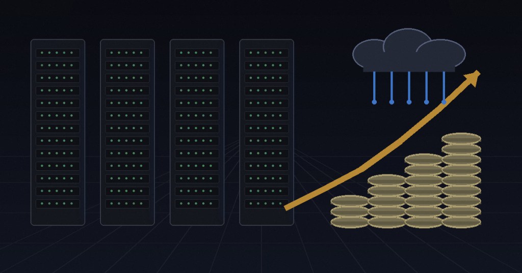 Editorial illustration of AI data-center server racks receiving streams of capital with a rising financing curve, representing Lambda's reported pre-IPO fundraising push.