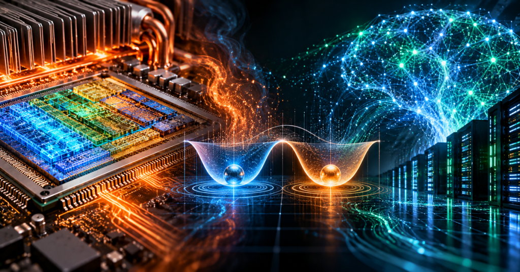 Editorial conceptual illustration of a semiconductor, a thermal double-well bit, and a luminous network of AI nodes representing the thermodynamic limits of computation.