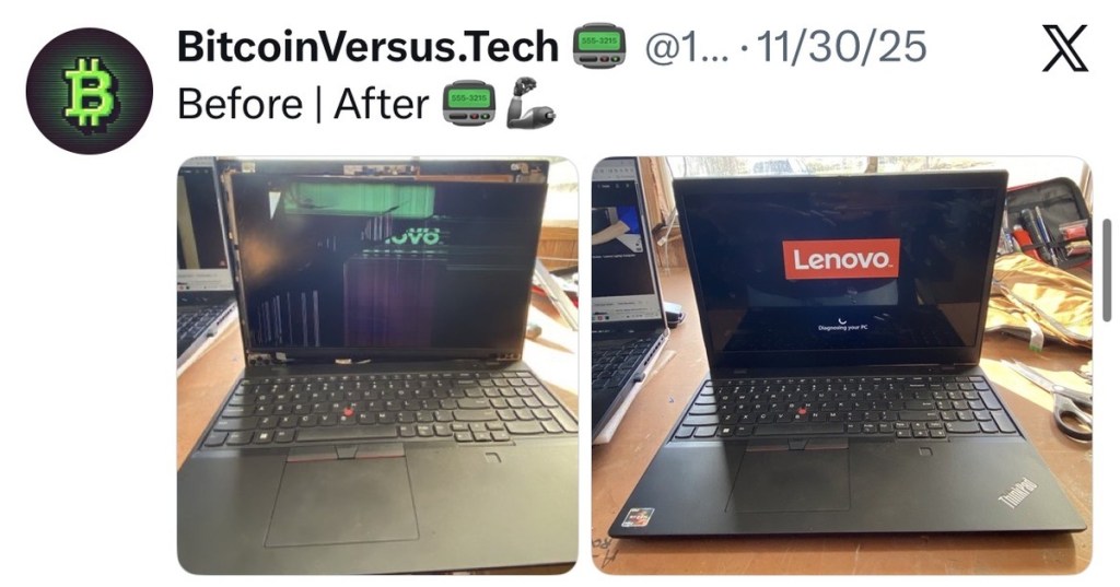 BitcoinVersus.Tech before-and-after photos showing a ThinkPad laptop screen with severe display artifacts before repair and a normal Lenovo startup screen after repair