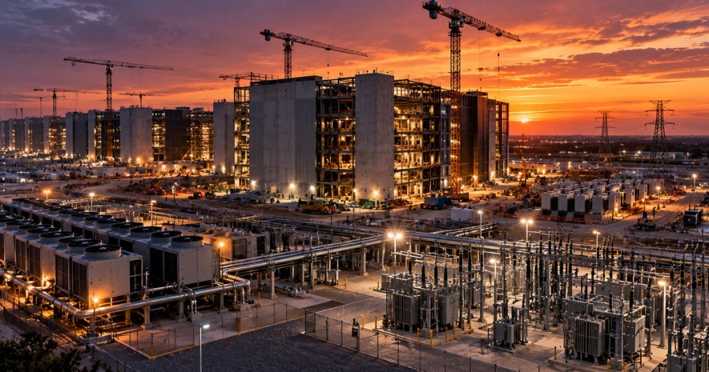 Photorealistic editorial image of a large data center and power infrastructure complex under construction at sunset.