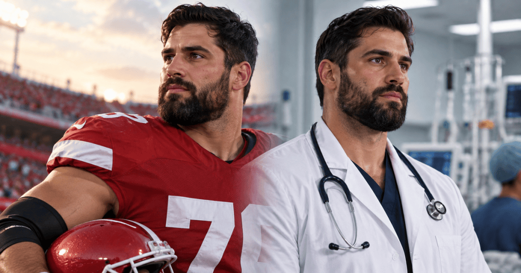 Editorial illustration of Laurent Duvernay-Tardif represented as both a professional football player and physician.