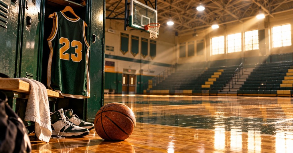 Illustrated empty high school gym with a green and gold number 23 jersey, sneakers and basketball recalling LeBron James's St. Vincent-St. Mary years