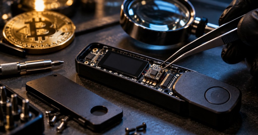 Editorial illustration of a hardware wallet circuit board being examined for tampering