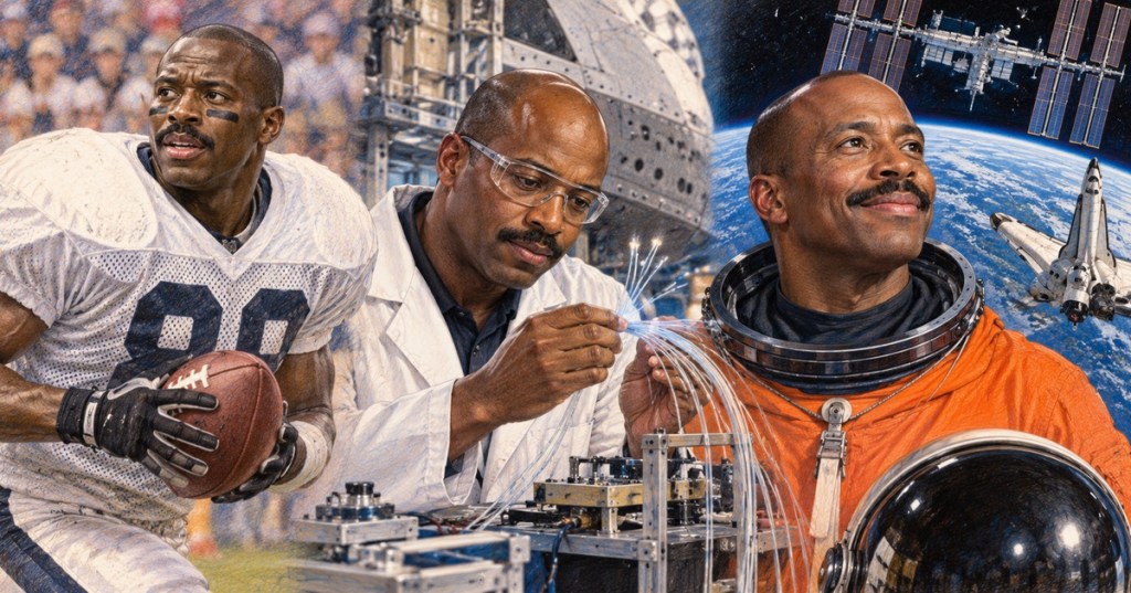 Illustrated career portrait of Leland Melvin shown as a football player, aerospace engineer, and astronaut