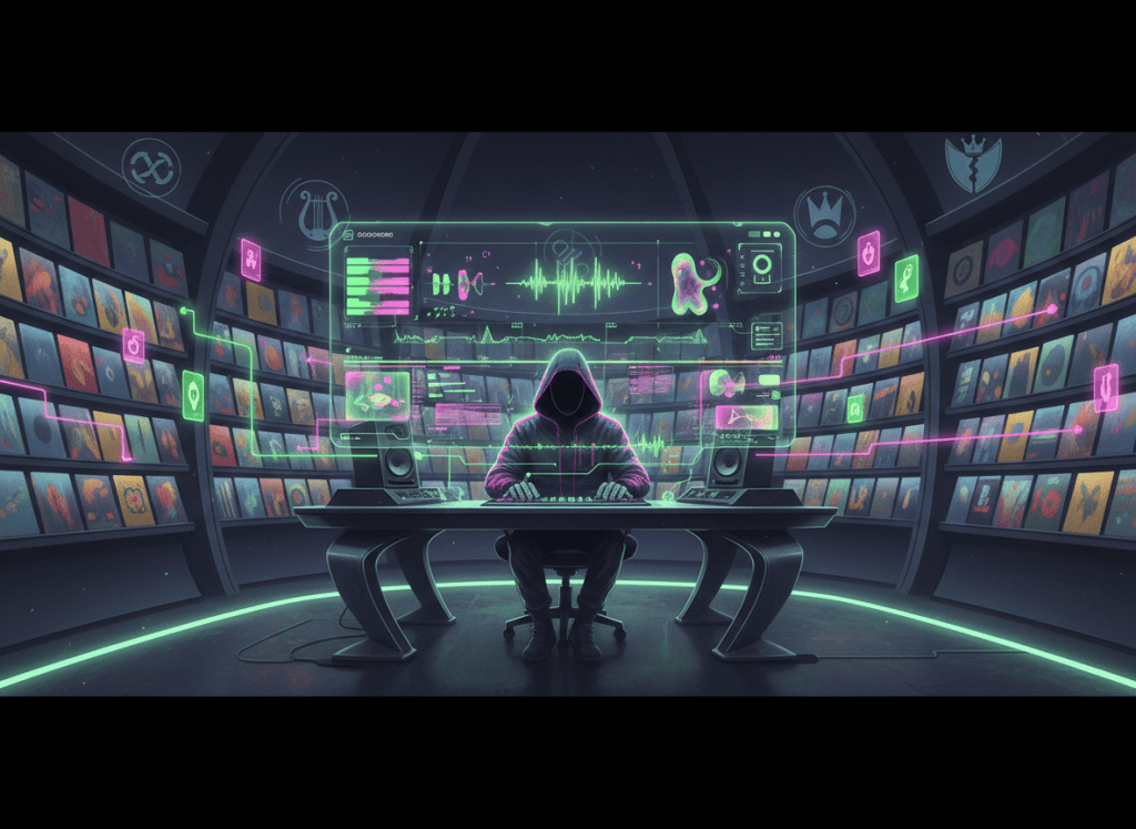 Editorial illustration of a music producer using a licensed AI music model with authorized catalogs, waveforms, stems and editing controls in a futuristic studio.
