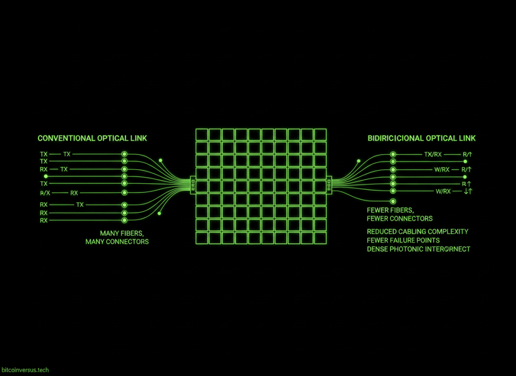 Neon technical diagram comparing conventional two-fiber AI interconnects with a bidirectional single-fiber design across a large GPU cluster.
