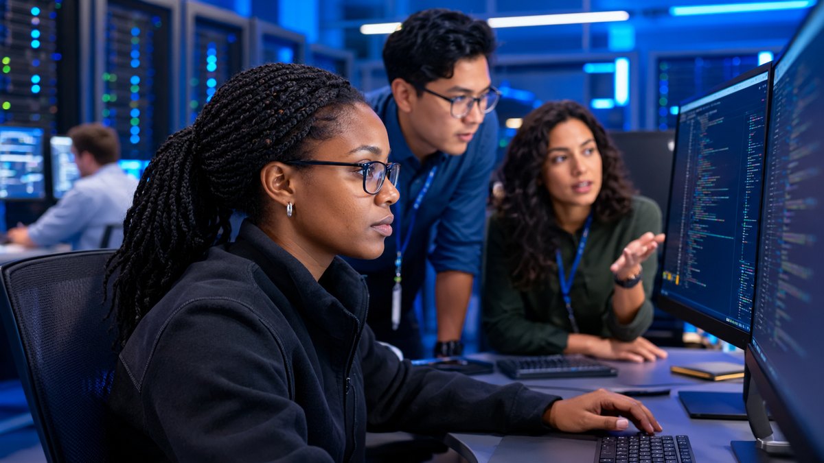A diverse cybersecurity engineering team reviews software code and vulnerabilities in a server-room operations center
