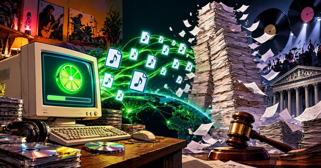 Comic-style illustration of a LimeWire-era computer facing towering legal paperwork, a gavel and music-industry imagery.