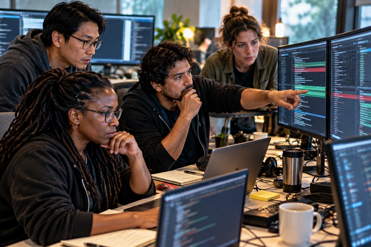 A diverse software team reviews code and pull requests across multiple monitors in a collaborative workspace
