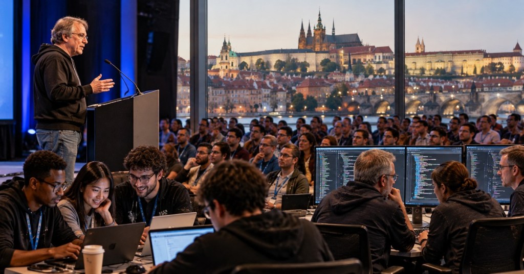 A veteran software speaker addresses a diverse coding conference audience while developers work on laptops in Prague