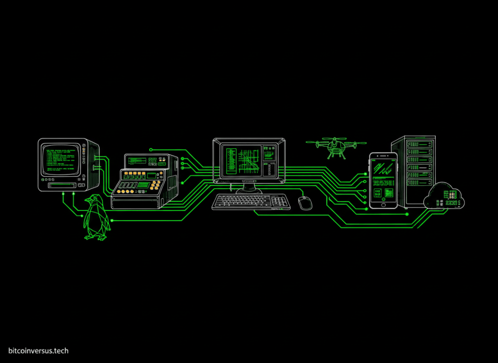 Operating-system evolution from mainframes and Unix terminals to Linux-powered smartphones, cloud servers, embedded devices, and space systems.