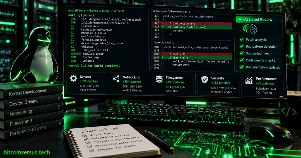 Dark Linux kernel development workstation with Tux, terminal output, code diffs, AI-assisted review panels, and neon-green server lighting.