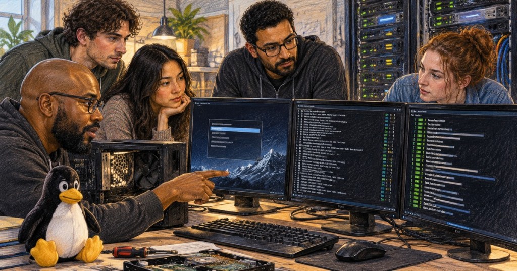 A diverse group of technicians studies Linux boot menus and startup logs in a workshop with a penguin mascot beside the computer hardware.