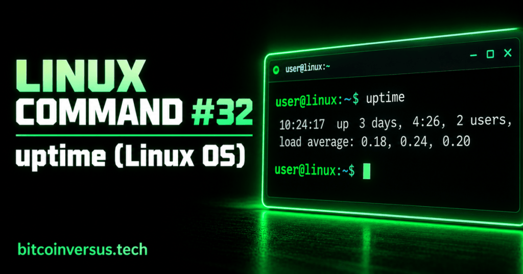 Black and neon-green Linux Command 32 uptime cover showing a terminal with uptime output