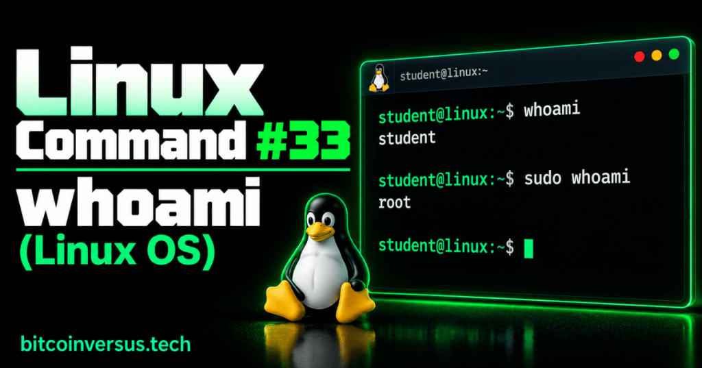 Black and neon-green Linux whoami command cover showing terminal output for whoami and sudo whoami
