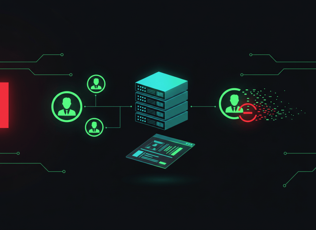 Linux group management illustration showing a server, group icons, and one group being removed with a delete symbol.