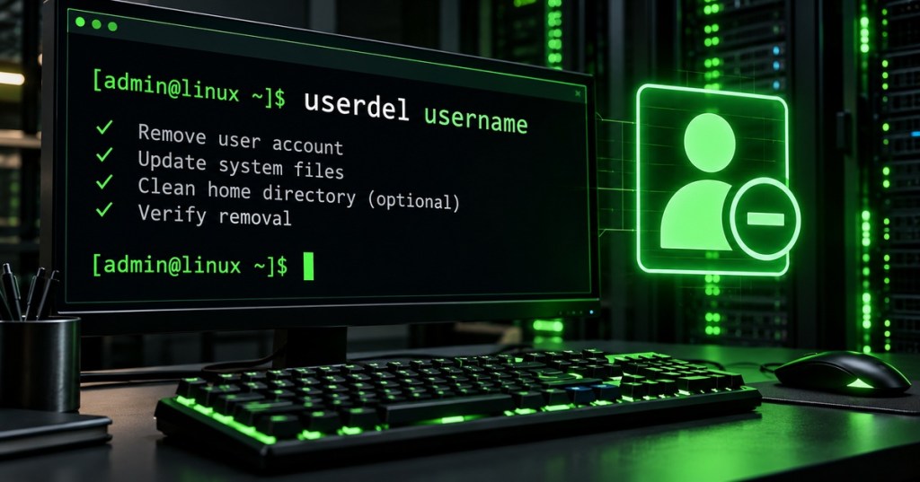 Dark Linux system administration workstation showing the userdel command and account removal workflow