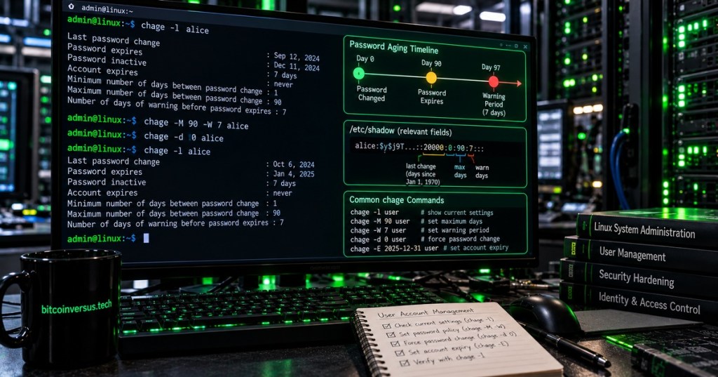 Photorealistic Linux administrator workstation showing chage password-aging commands, /etc/shadow fields, expiration timelines, and server racks with neon-green technical lighting.