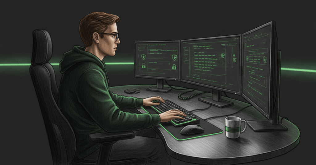Colored-pencil illustration of a Linux administrator securely managing multiple user accounts from a terminal.