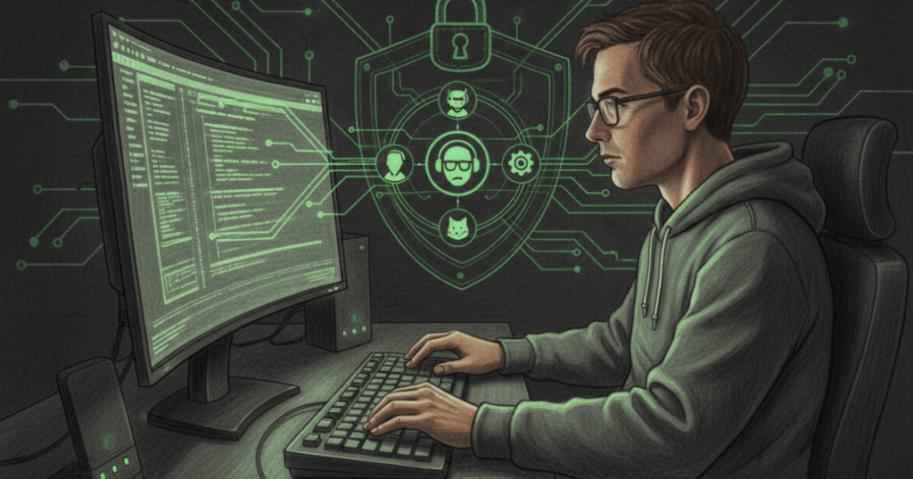 Colored-pencil illustration of a Linux administrator managing users in a shared system group from a terminal.