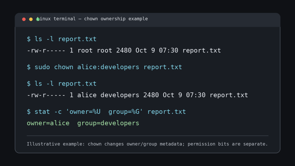 Linux terminal example showing file ownership changing from root root to alice developers using chown.