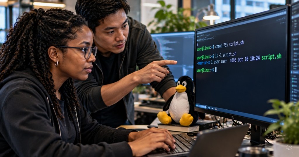 Black and Asian developers working with Linux chmod terminal permissions beside a Tux penguin.