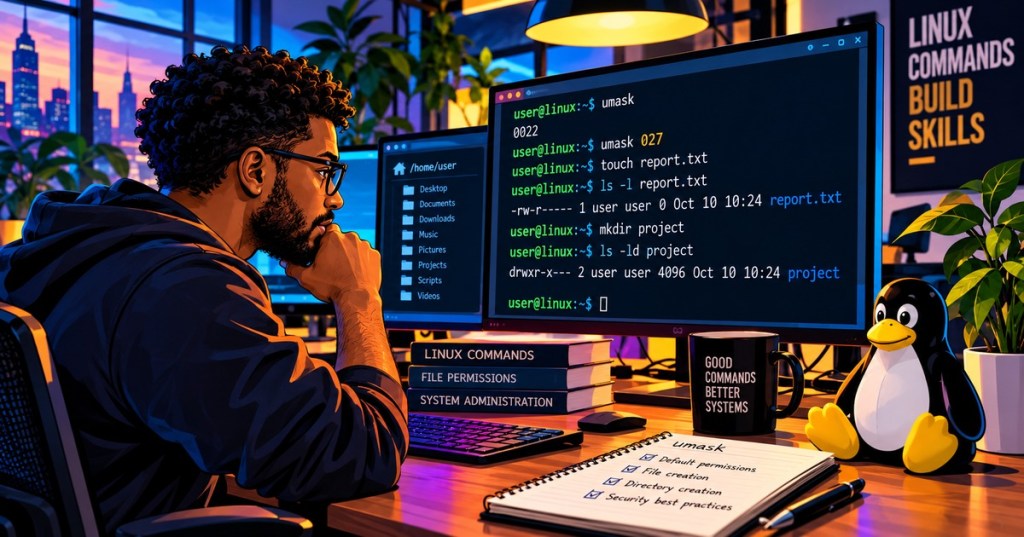 Stylized digital illustration of a Black Linux administrator studying umask permissions at a terminal with Tux on the desk.