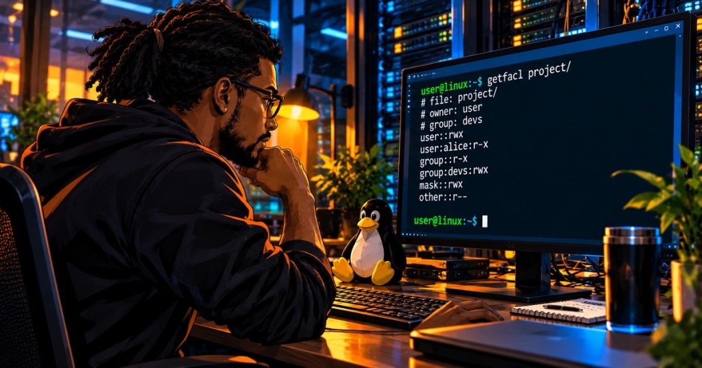 Anime-style illustration of a Black Linux administrator reviewing getfacl ACL output in a server room with a Tux figurine.