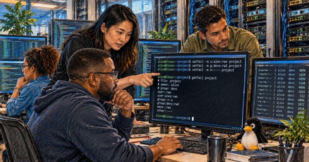 Diverse Linux administrators using setfacl and getfacl commands in a modern server room with a penguin plush nearby.