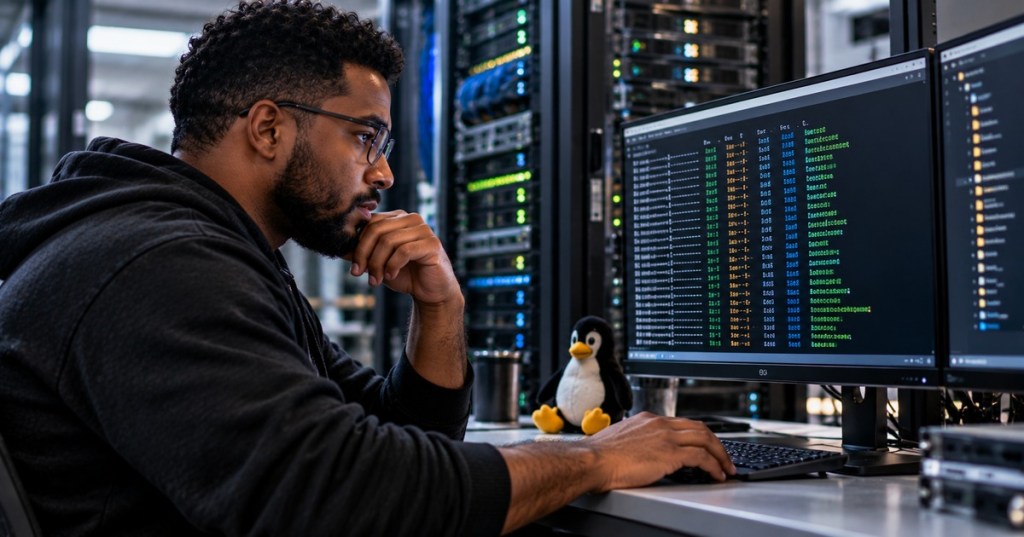 African American Linux technician inspecting file attributes on terminal screens in a server room with a penguin mascot beside the monitor