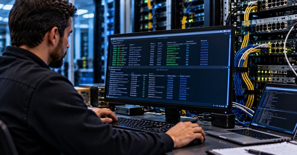 Linux technician managing network connections from a terminal beside switches and Ethernet cabling in a data center.