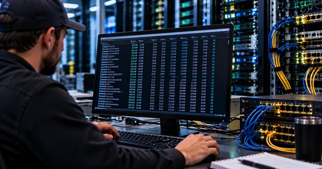 Linux administrator reviewing network statistics in a data center while working at a terminal beside switches and Ethernet cabling.