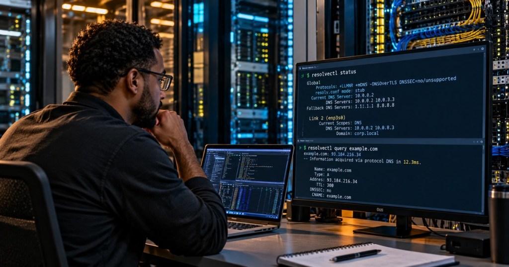 Realistic editorial image of a network engineer examining Linux DNS resolver output on a monitor in a server room