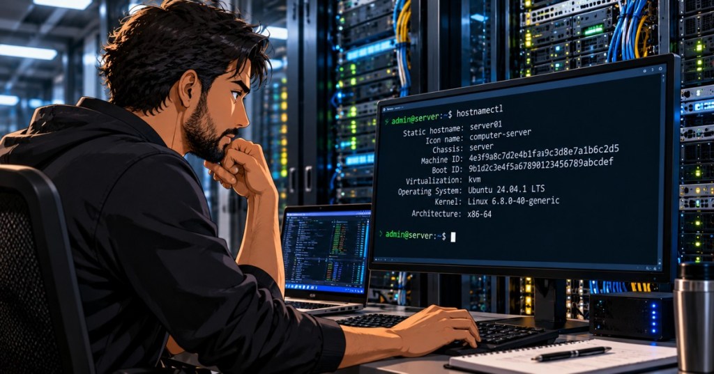 Anime editorial illustration of Linux technician using hostnamectl on server console