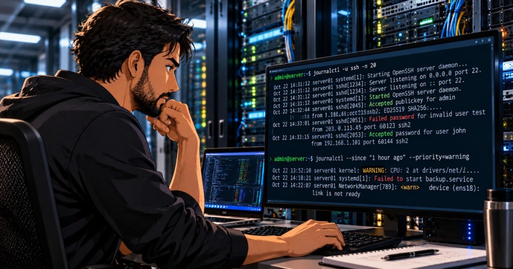 Anime-realistic Linux technician reviewing journalctl logs in a server room
