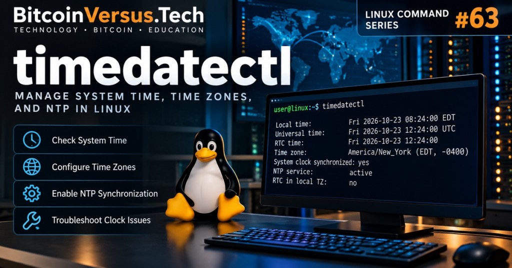 Linux timedatectl command on a terminal with system clock and time synchronization settings