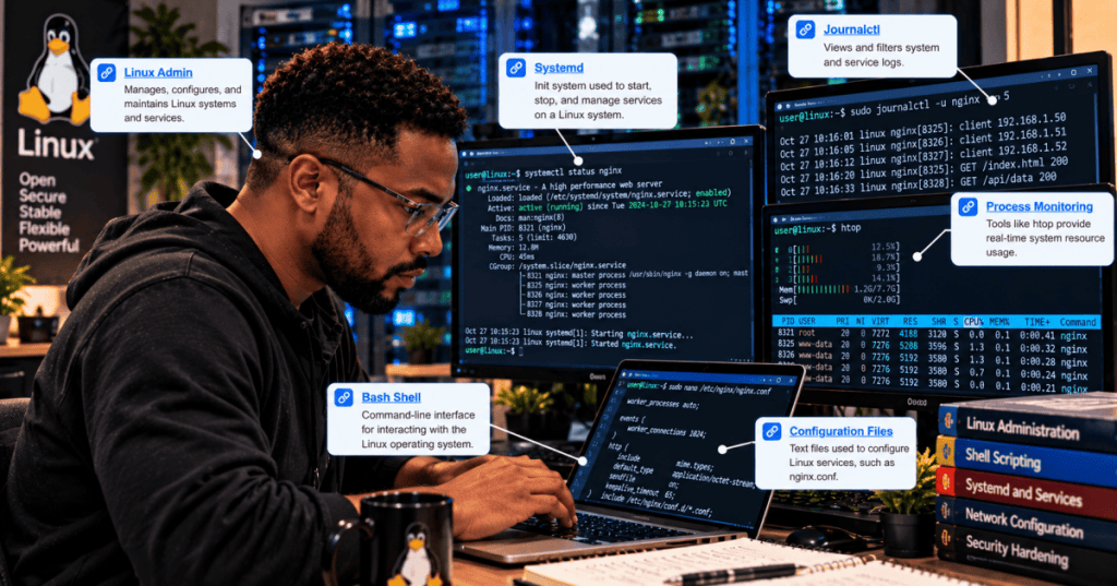 Black male Linux administrator working with terminal diagnostics and server monitoring displays