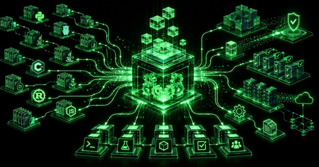 Minimal black and neon-green technical illustration of a large-scale software build and test pipeline.